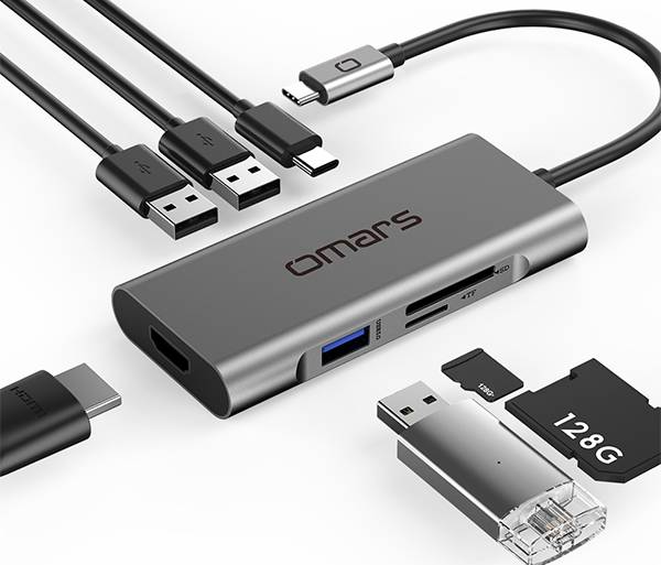 【omars】七合一多功能鋁合金集線器 (USB-C HUB/讀卡機)-鋼鐵灰