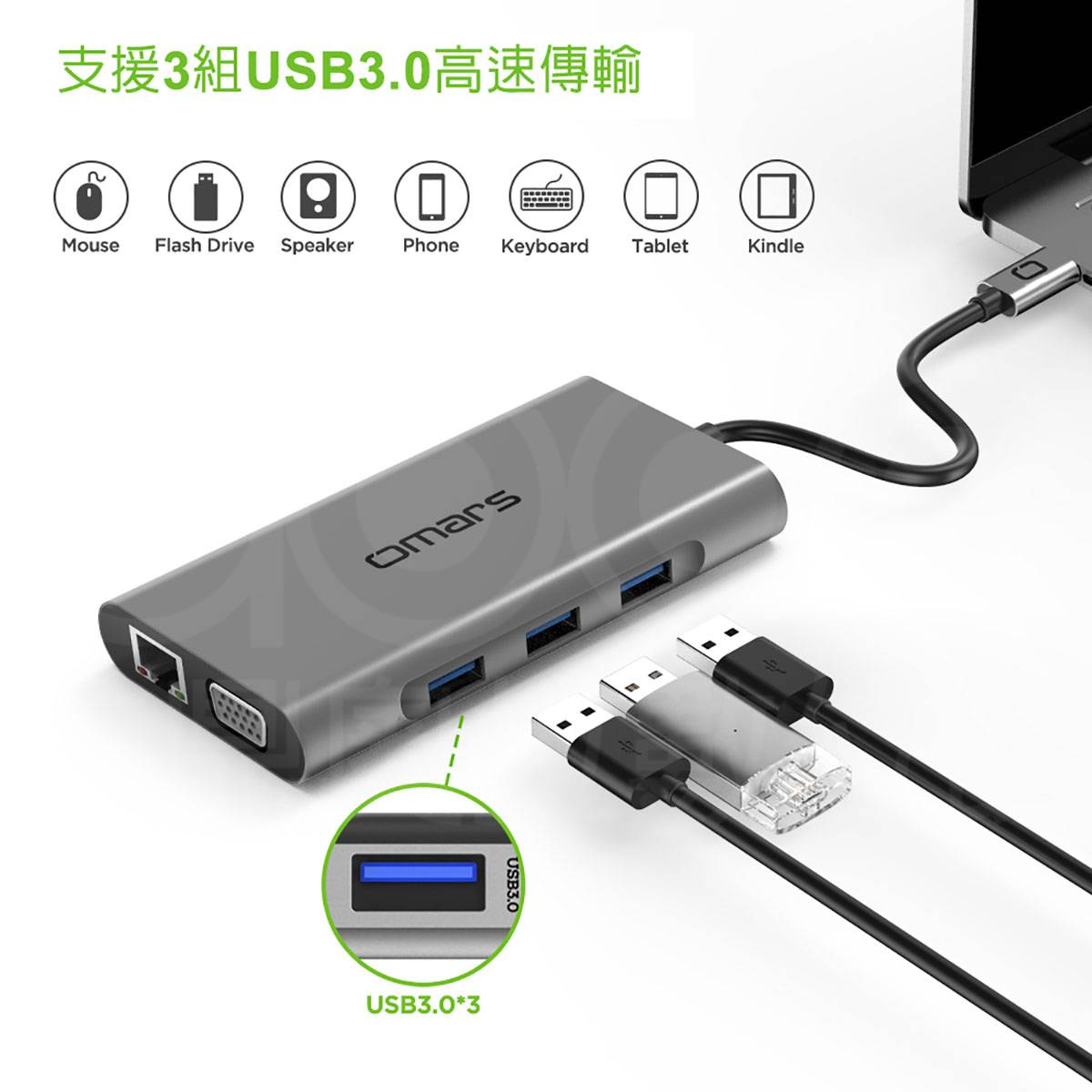 【omars】十合一Type-C 多功能鋁合金集線器:支援3組USB3.0高速傳輸 【omars】十合一Type-C 多功能鋁合金集線器:鋼鐵灰