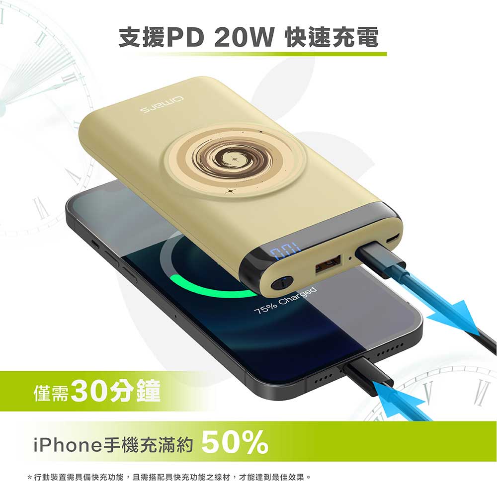 【omars】磁吸式無線行動電源|PD 20W+QC3.0快充|10000mAh:支援PD 20W快速充電 【omars】磁吸式無線行動電源|PD 20W+QC3.0快充|10000mAh(土星黃)