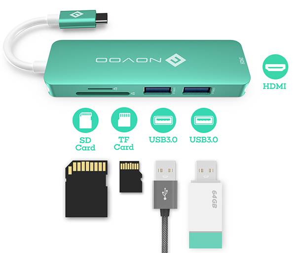 【NOVOO】五合一 Type-C USB 多功能鋁合金集線器-Tiffany綠